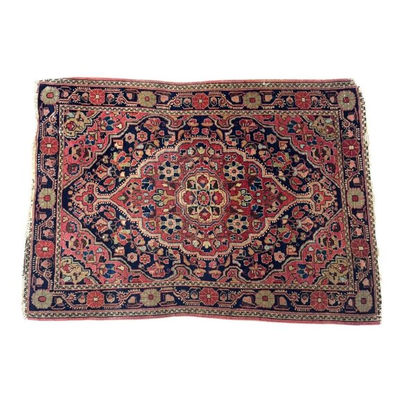Vintage Tabriz Wool Silk Hand Knotted Area Rug 34X25 Red & Navy Floral Medallion - Picture 1 of 4